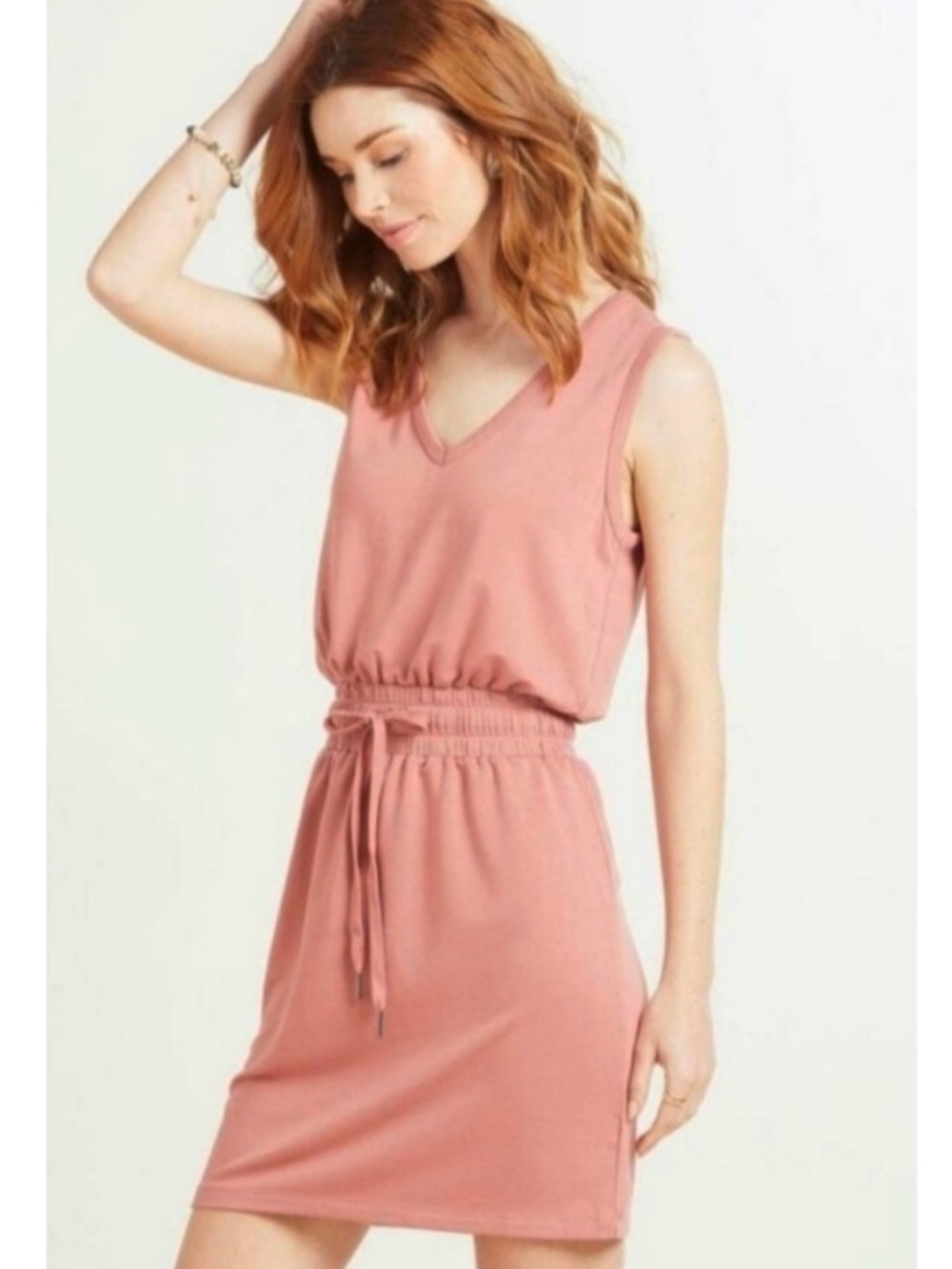 Evereve Kiara Knit V-Neck Sleeveless Casual T-Shirt Dress Women's Size M Pink